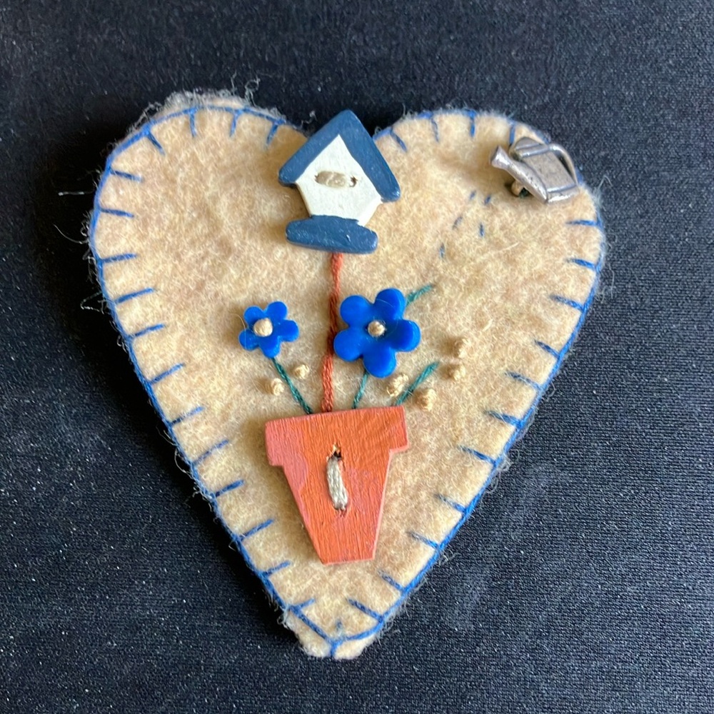 Handcrafted Felt‎ Heart Brooch with Blue Flowers and Gardening Theme